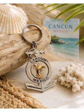 Vintage Cancun Mexico Dolphin Keychain Nautical Anchor Souvenir Beach Travel Key
